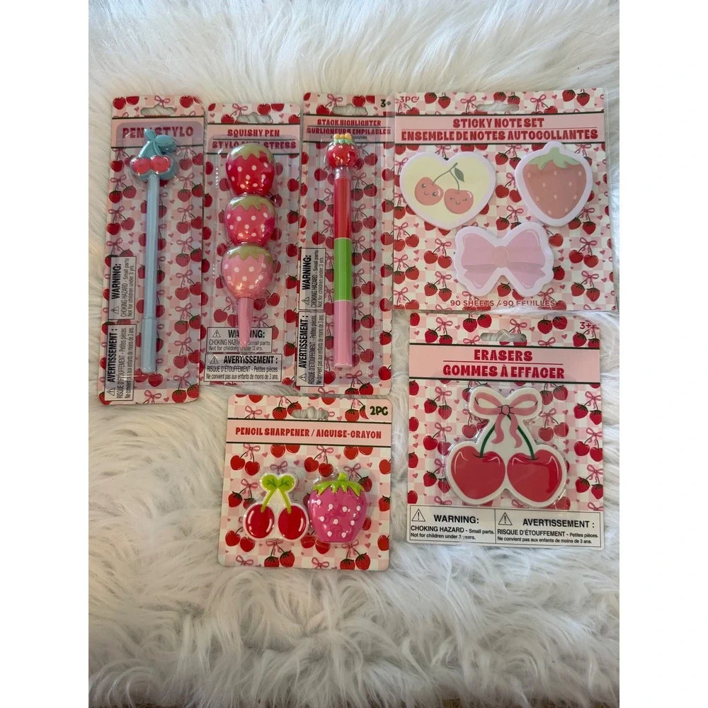 Cherry and Strawberry Stationery Set Pens Highlighters Sticky Notes Erasers 6pc